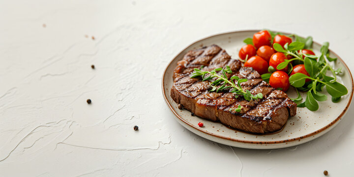Grilled beef steak with fresh cherry tomatoes and arugula on ceramic plate. Design for restaurant menu, culinary blog, and food photography guide with copy space. 