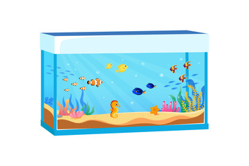 vector cartoon fish in an aquarium. Illustration of an aquarium with marine or freshwater fish. aquatic animal