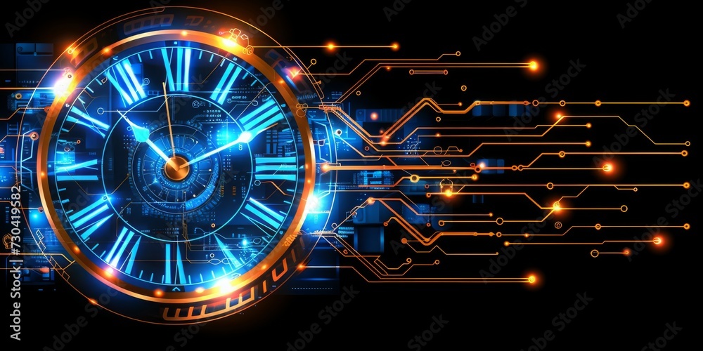 Fototapete Chronometric Precision: A Futuristic Digital Clock Integrated with Glowing Neon Circuitry, Symbolizing the Intersection of Time and Technology, Generative AI