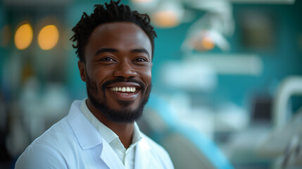 A dentist with a happy smile and cool facial hair in a dental office. - obrazy, fototapety, plakaty