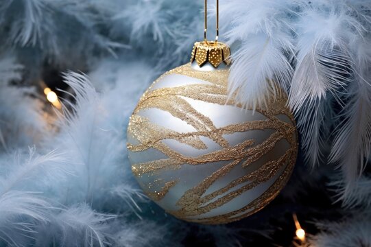 Beautiful Christmas Decorations with Ostrich Feathers. Pastel Blue and Gold Festive Background.
