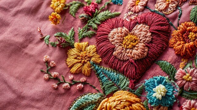 Beautifully Embroidered Vintage Textile with Love Heart. Valentine&rsquo;s Day Background.