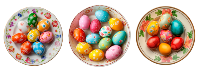 Set of Easter eggs. Hand painted eggs. Colorful ceramic plates. View from above. Isolated on a transparent background.