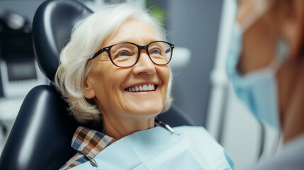 Happy elderly woman with glasses wearing a smile during dental treatment.