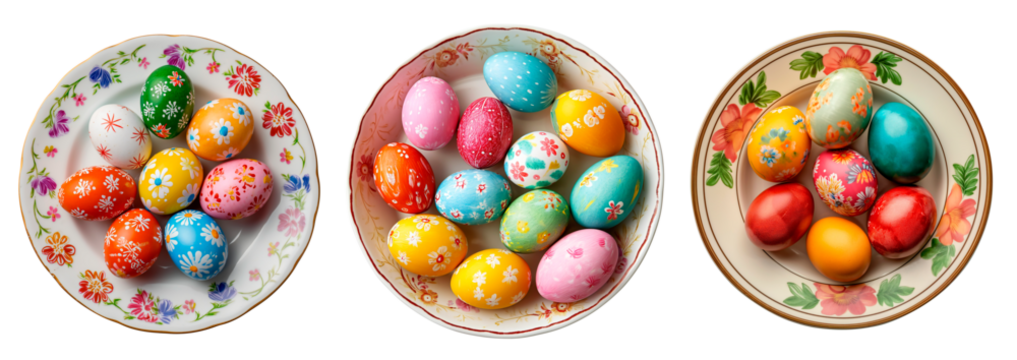 Set of Easter eggs. Hand painted eggs. Colorful ceramic plates. View from above. Isolated on a transparent background.