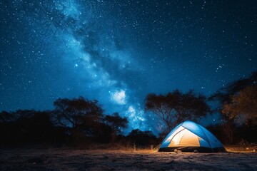 A starry night camping site with a tent lit from within, under a vast night sky - obrazy, fototapety, plakaty