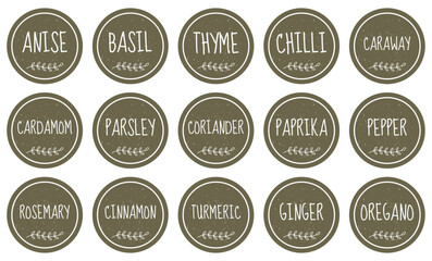 Fototapeta na wymiar Collection of stickers or labels for jars of spices.Set of 15 vector round stickers with names of spices.Anise,Basil,Chilli,Ginger, Caraway,Cardamom, etc.