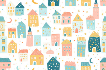 Dreamy Pastel Night Town Seamless Pattern