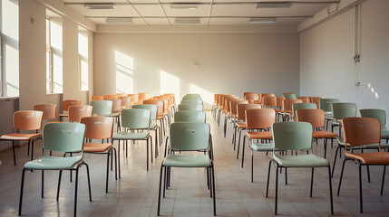 Empty classrom with a lot of chair with no student. Ai art