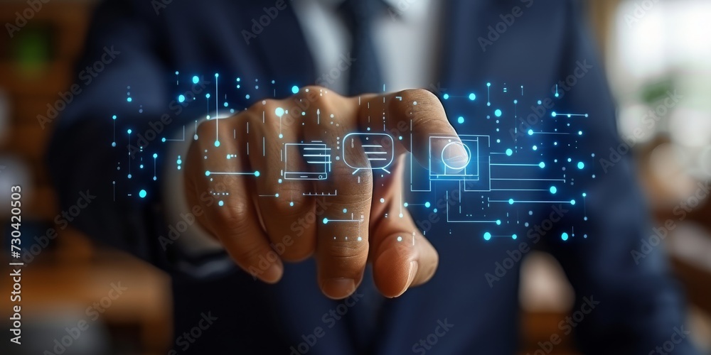 Poster Embracing the Future: A Businessman Interacts with a Holographic Digital Interface of Data and Innovation, Generative AI