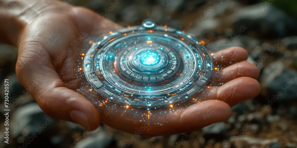 Poster mystic core: a hand cradles a glowing futuristic device, blurring the lines between technology and m