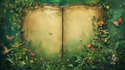 A whimsical fairy tale book texture background, filled with open pages of magical stories, illustrated borders, and fantastical creatures, inviting imagination and wonder. - obrazy, fototapety, plakaty