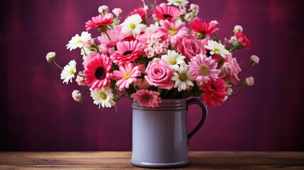 Colorful flowers in a jug against a deep purple backdrop