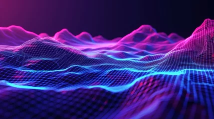  Abstract digital wireframe landscape with neon lines background © furyon