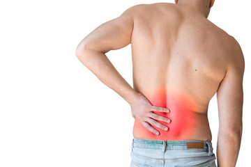 Naklejka premium Rear view of a shirtless handsome young man holding his back in pain isolated on white background, muscular attractive man touching his lower back, back pain, pain area highlighted in red