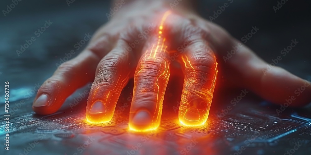 Poster Touch of Technology: A Hand Interacts with a Futuristic Interface, Highlighting Advanced Haptic and Biometric Systems, Generative AI