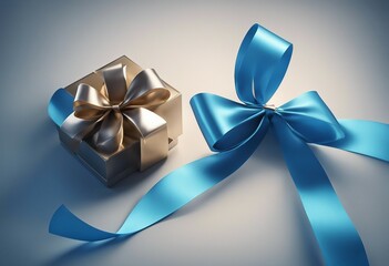 Blue Ribbon with Bow Next to the Gold Gift Box with Ribbon