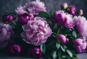 Keuken spatwand met foto Bouquet of Purple Peonies Flat lay Romantic Gift Idea © FrameFinesse