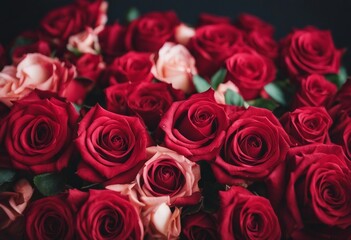 Fototapeta premium Bunch Roses Lay Flat Red Bouquet Wedding Concept Romantic Gift 