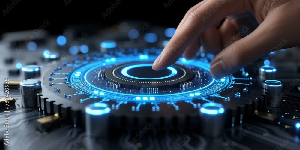 Poster Embracing the Future: A Businessman Interacts with a Holographic Digital Interface of Data and Innovation, Generative AI