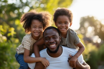 African americam father with two young children smiling