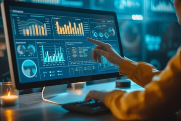 An analyst uses a computer for data business analysis and metrics for technology finance, operations, and sales