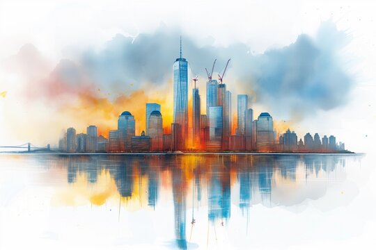 watercolor and ink illustration of a cityscape at sunrise with construction cranes