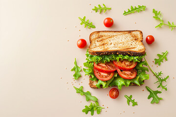 Open-faced sandwich with tomatoes and fresh greens. Top view food photography with a neutral background. Design for recipe book, poster, flat lay with place for text - obrazy, fototapety, plakaty