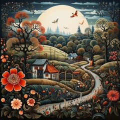 Vibrant Folk art Ukrainian style, vector illustration: houses, woods, fields, poppies, daisies, ornaments. Ukrainian folk art. Horizontal banking for web. Photo AI Generated