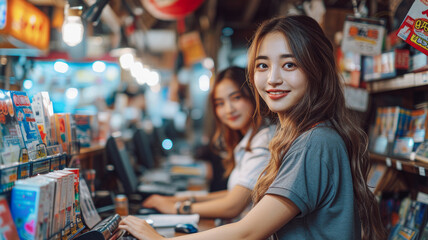 Two young ladies gracefully handle the cash register, epitomizing a harmonious blend of professionalism and charm. - obrazy, fototapety, plakaty
