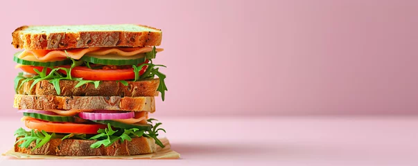 Keuken spatwand met foto Stacked vegetable sandwich with arugula and tomato. Side view against a pink background. Fresh vegetarian meal and healthy eating concept. Design for restaurant menu, banner with copy space © Alexey