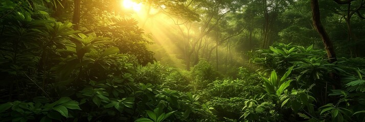 
panorama banner background of tropical forest landscape scene for using in concept of environmental ecology and sustainable energy or Earth day, wild wood scenic using for wallpaper of spa and touris