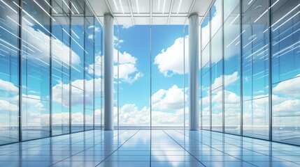 An imaginative representation of an abstract business interior with a view of the sky