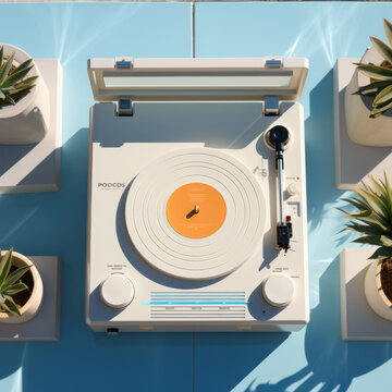 old turntable player with lp vinyl record top view.