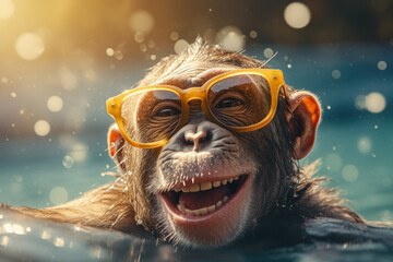 Close up portrait of very happy smiling monkey with glasses swimming in pool surrounded by splashes of water, concept of funny travel and summer vacation