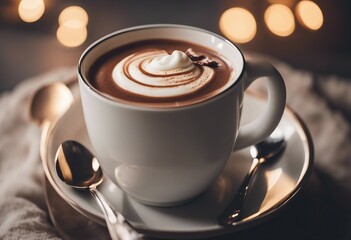 Mug Ceramic Hot Chocolate With Delicious and Tasty Whipped Cream Close Up - obrazy, fototapety, plakaty