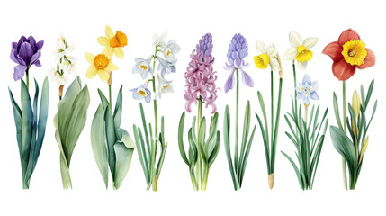 Set of vintage watercolor spring flowers growing in the garden. Botanical collection. Hyacinth, tulip, daffodils, crocus, iris, snowdrop, narcissus isolated transparent background. PNG Format.