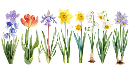 Set of vintage watercolor spring flowers growing in the garden. Botanical collection. Hyacinth, tulip, daffodils, crocus, iris, snowdrop, narcissus isolated transparent background. PNG Format.