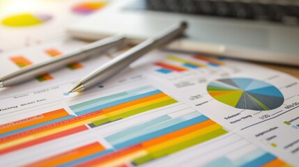 An array of business graphs and charts spread out on a table, vividly illustrating the concept of financial development