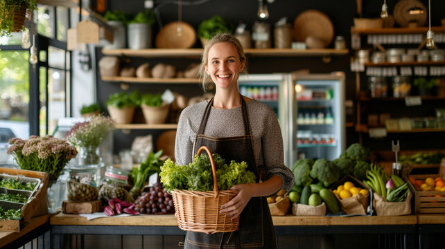 Family Business. Owner Of Local Grocery Store Standing Inside Her Shop With Straw Basket Full Of Fresh Produce