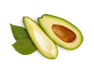 Cut fresh avocado and leaves on white background