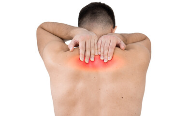 Obraz premium Rear view of a shirtless young man holding his neck in pain isolated on white background, man giving himself a massage on his neck, stress, neck pain, pain area highlighted in red