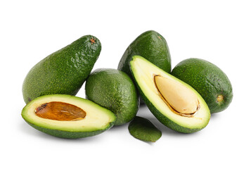 Many fresh ripe avocados on white background