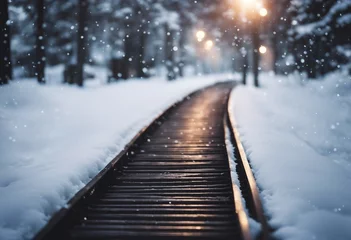 Zelfklevend Fotobehang Clean Wooden Pathway in Snowy Forest Winter Landscape © FrameFinesse
