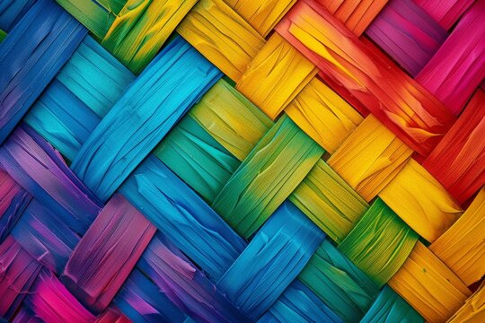 Colorful woven background bright motley wallpaper, Braided pride basket texture pattern, vivid rainbow 4k color art backdrop, light 3d ai image illustration, Geometric circle braided woven basket art