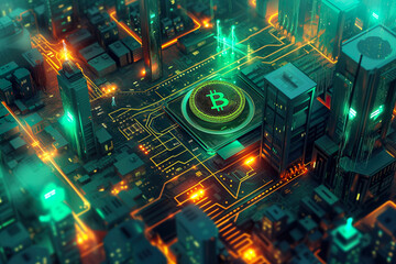 Bitcoin crypto currency on digital graphic background, digital money network, digital bank, conceptual. 