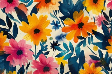 Fototapeta na wymiar colorful seamless pattern with flowers and leaves. Generative AI