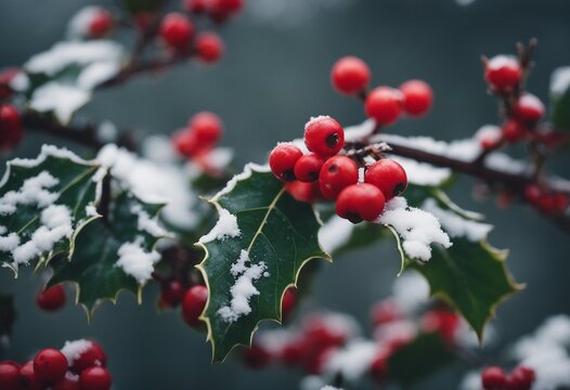 Winter Holly Branch with Berry on Grey background
