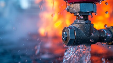 An intense close-up of a fire sprinkler with flames raging in the background - obrazy, fototapety, plakaty