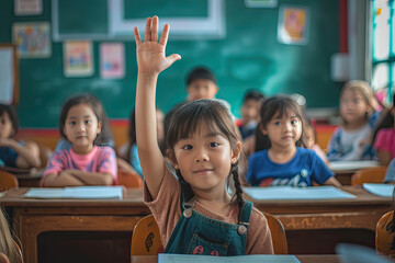 Children raise their hands to answer in the classroom. Back To School concept